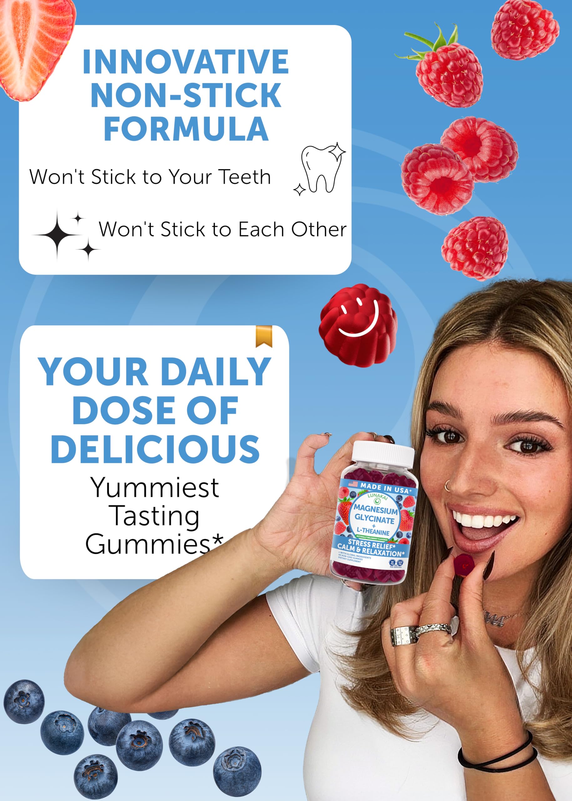 Lunakai gummies with L-theanine image emphasizes calm-focused supplement for evenings.