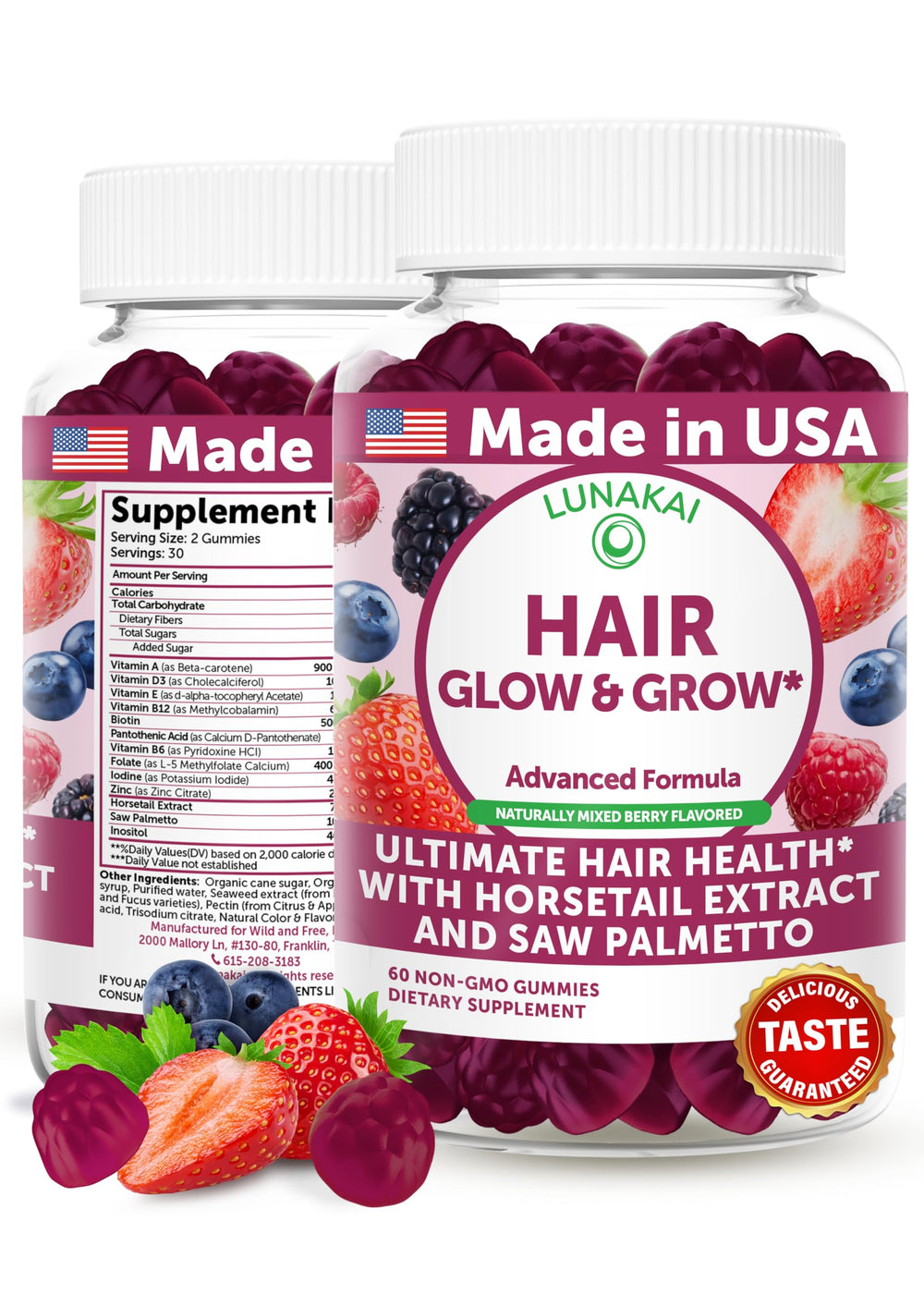 Lunakai hair gummies bottle for convenient daily use and beauty support.