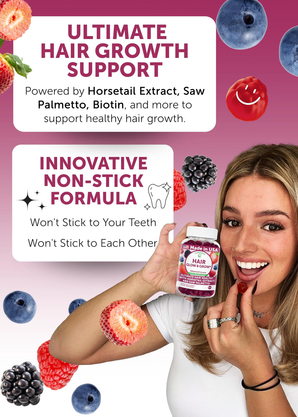 Lunakai hair gummies jar emphasizes daily nourishment for hair, skin, nails.