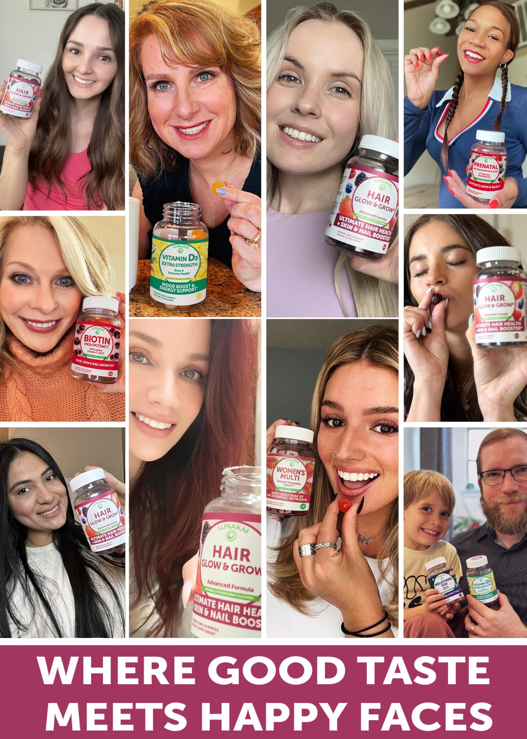 Lunakai hair gummies packaging highlights USA-made clean ingredients.