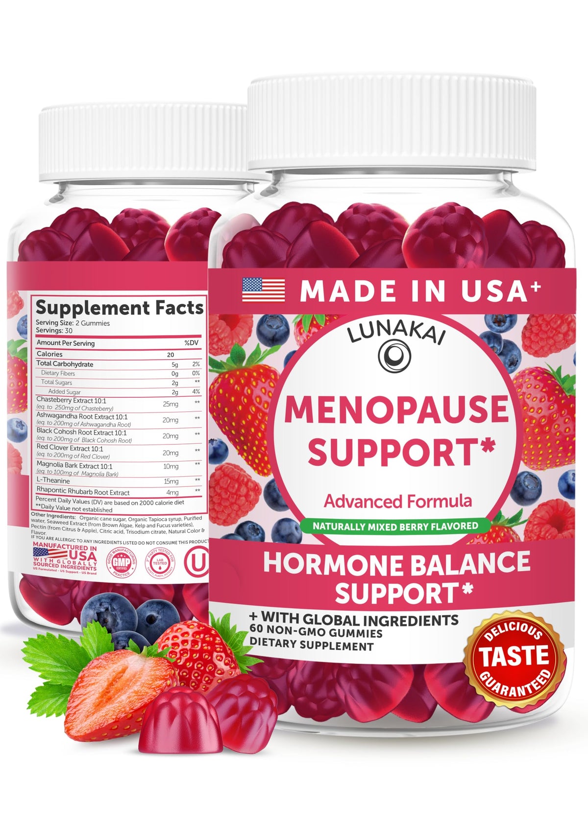 Lunakai menopause relief gummies bottle front for daily support.
