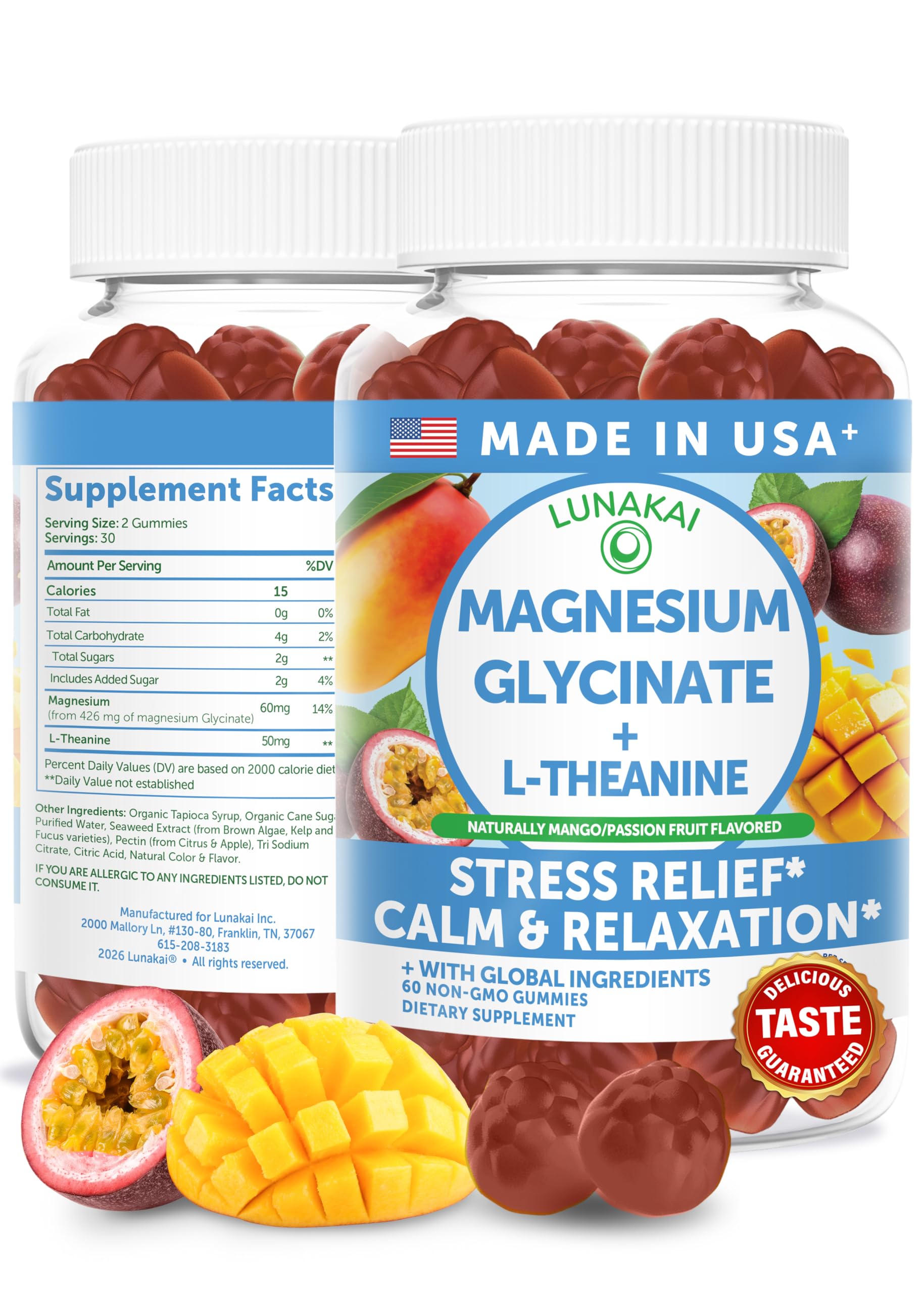 Lunakai magnesium glycinate gummies with fruity taste for daily calm