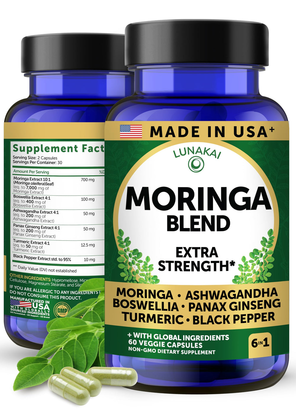 Lunakai moringa capsules bottle illustrates convenient daily wellness support.