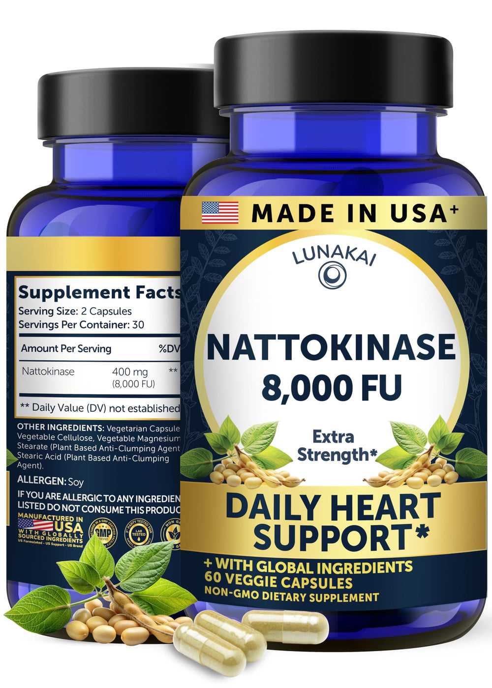 Lunakai nattokinase bottle front with 8000 FU badge for circulation support.