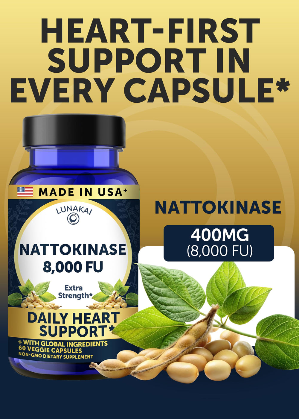 Lunakai nattokinase label closeup highlighting vegan non-GMO ingredients.
