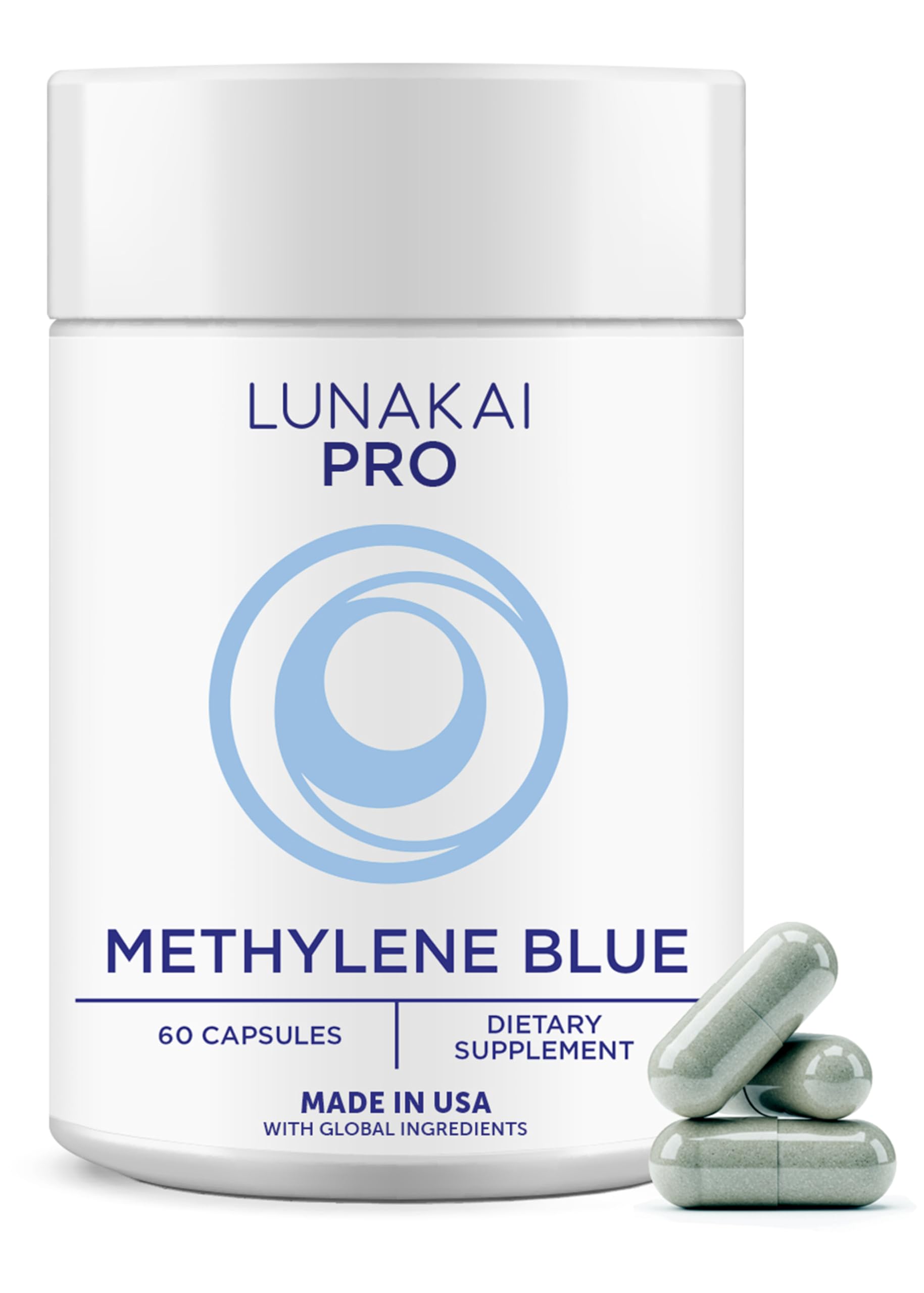 Lunakai Pro methylene blue capsules bottle for daily focus and mood support.