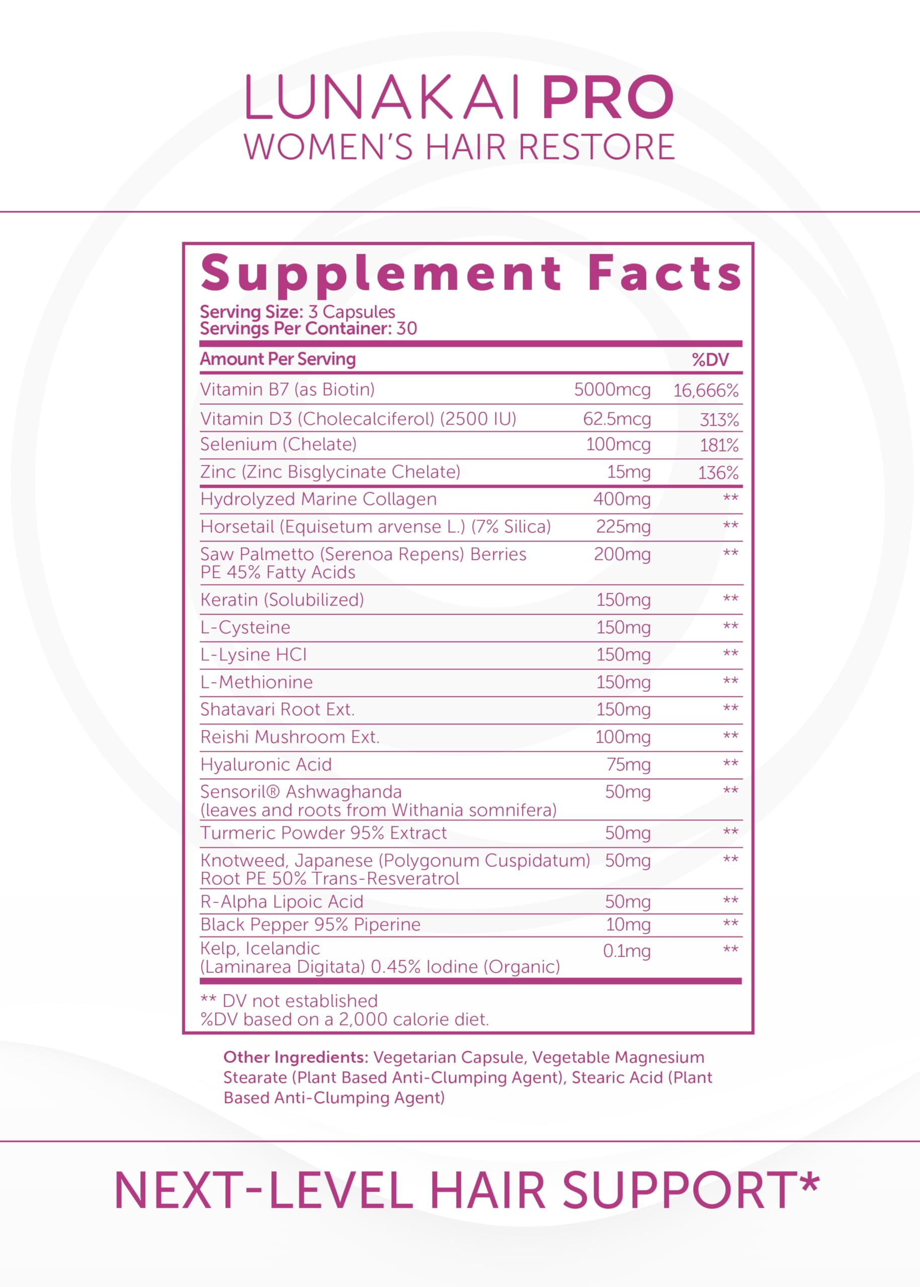 Lunakai Pro marine collagen ingredient visual suggests skin and hair benefits.
