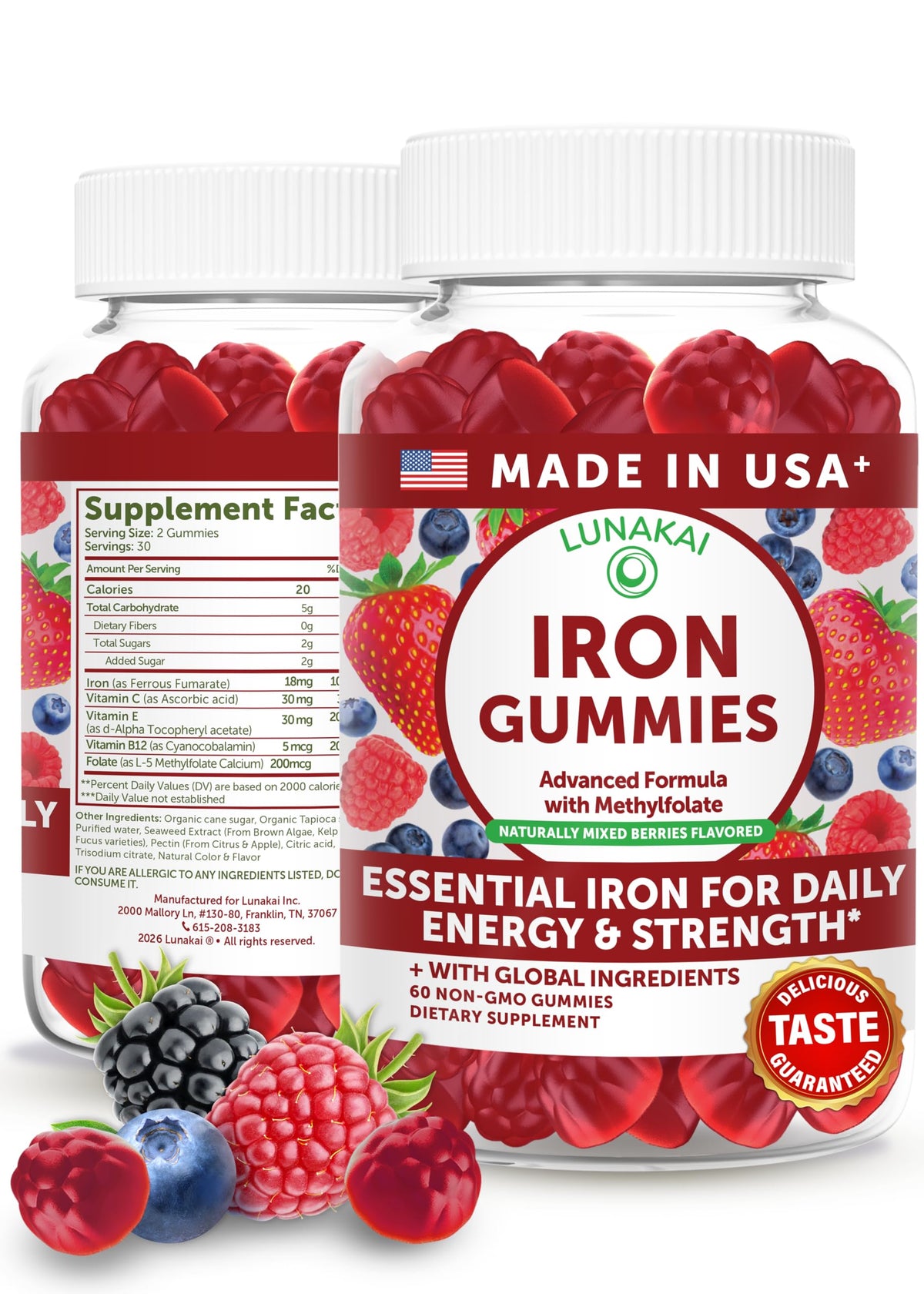Lunakai USA-made vegan iron gummies bottle front for daily wellness