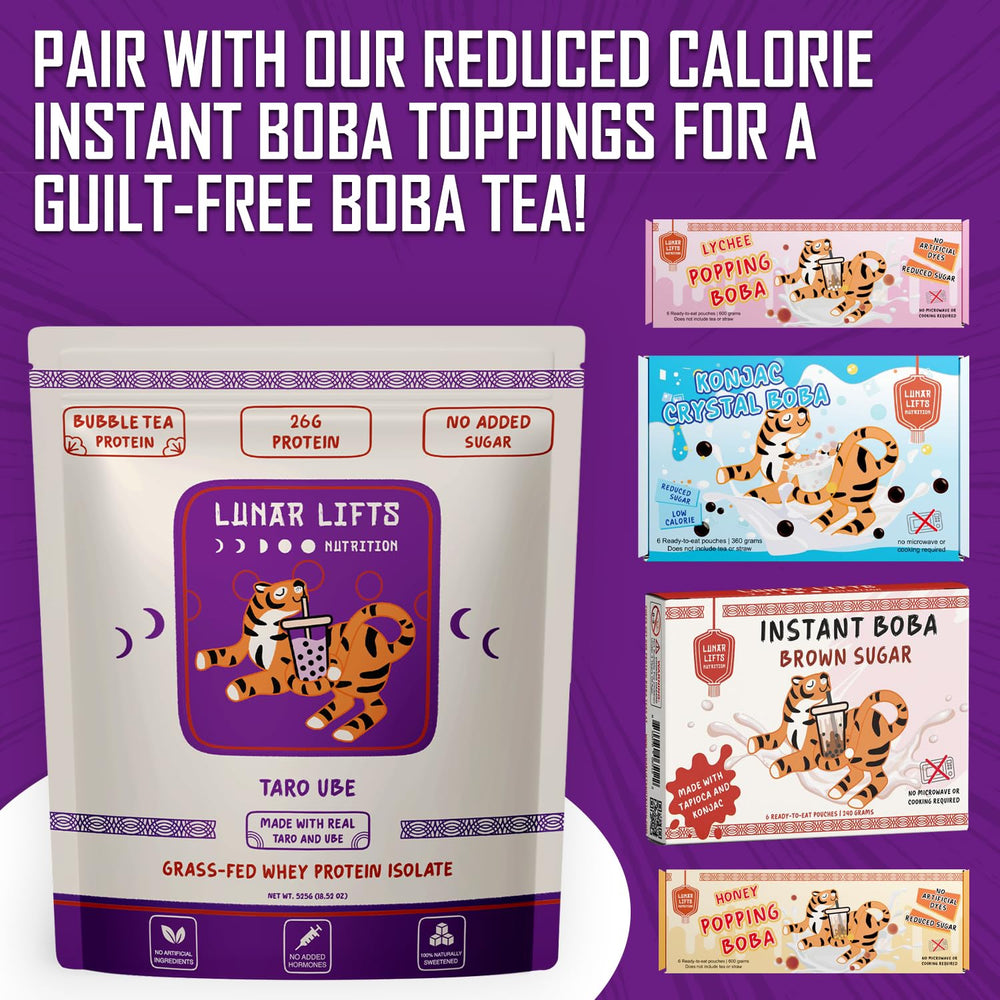 Lunar Lifts taro-ube powder poured into a glass for a protein boost.