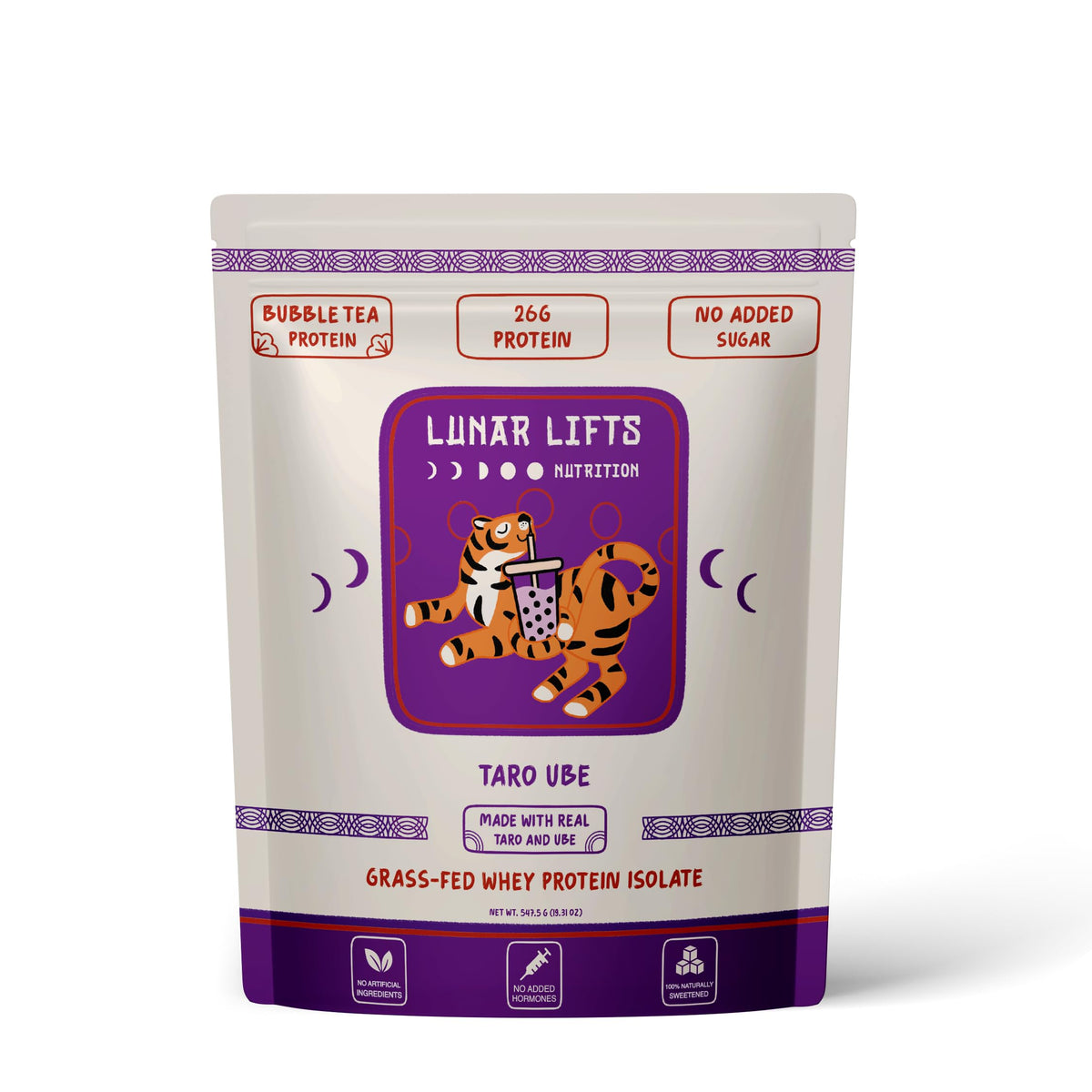 Lunar Lifts Nutrition taro-ube protein powder bottle for convenient post-workout fueling.