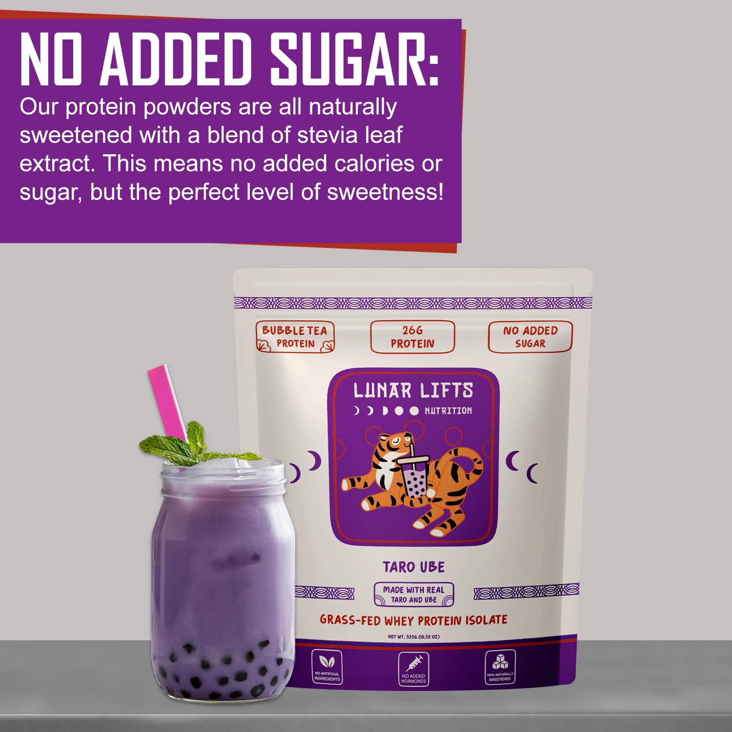 Lunar Lifts taro-ube powder on farms, suggesting clean, grass-fed ingredients.