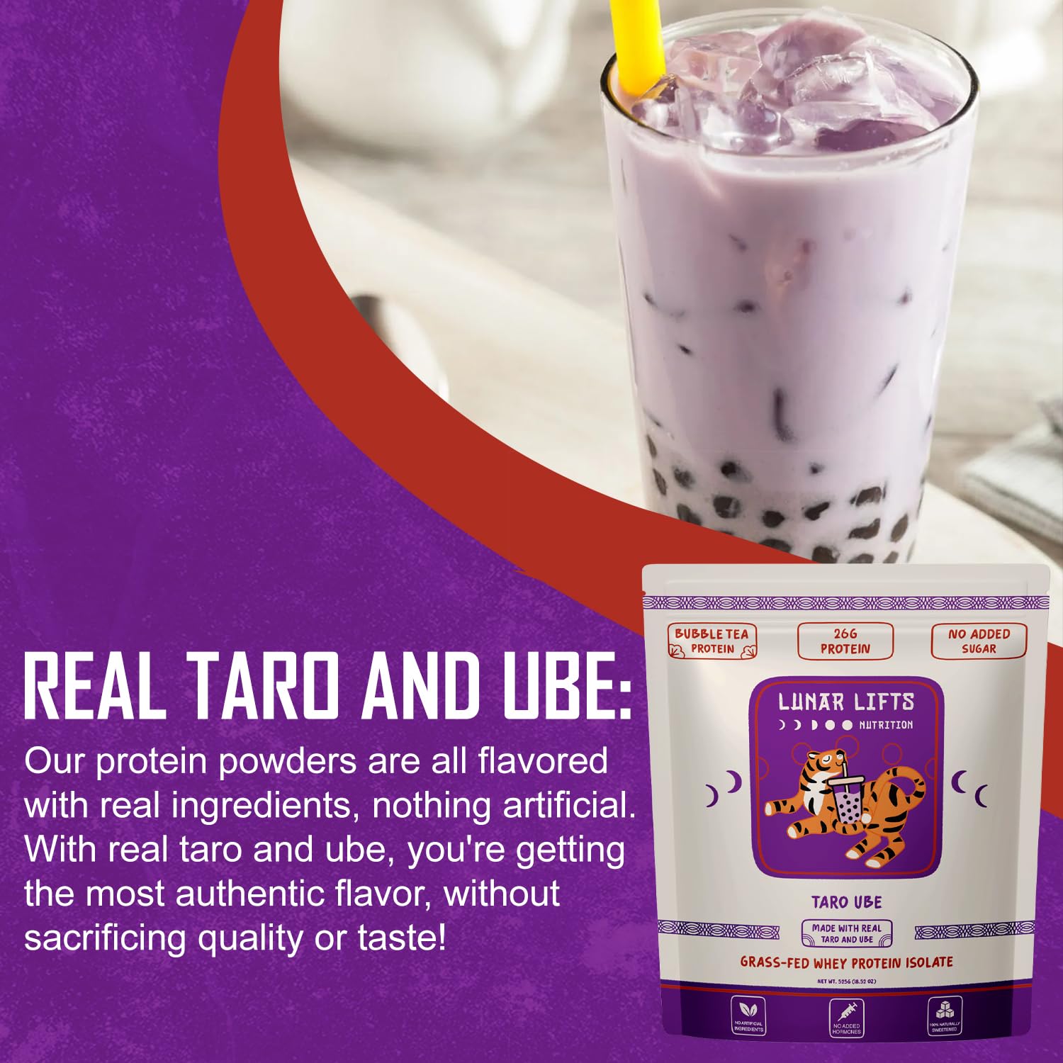 Lunar Lifts prepared taro-ube drink in glass with bubble tea vibe.