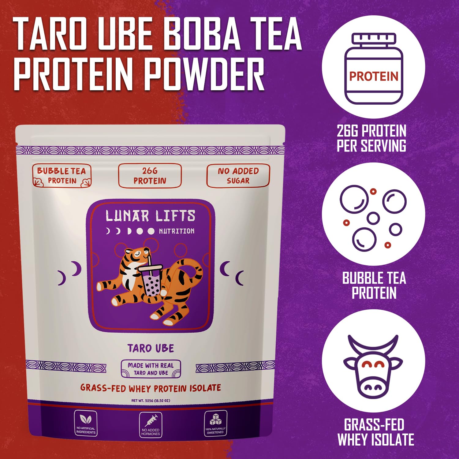Lunar Lifts taro-ube powder shake jar ready for quick protein drinks.