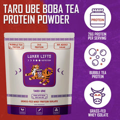 Lunar Lifts taro-ube powder shake jar ready for quick protein drinks.