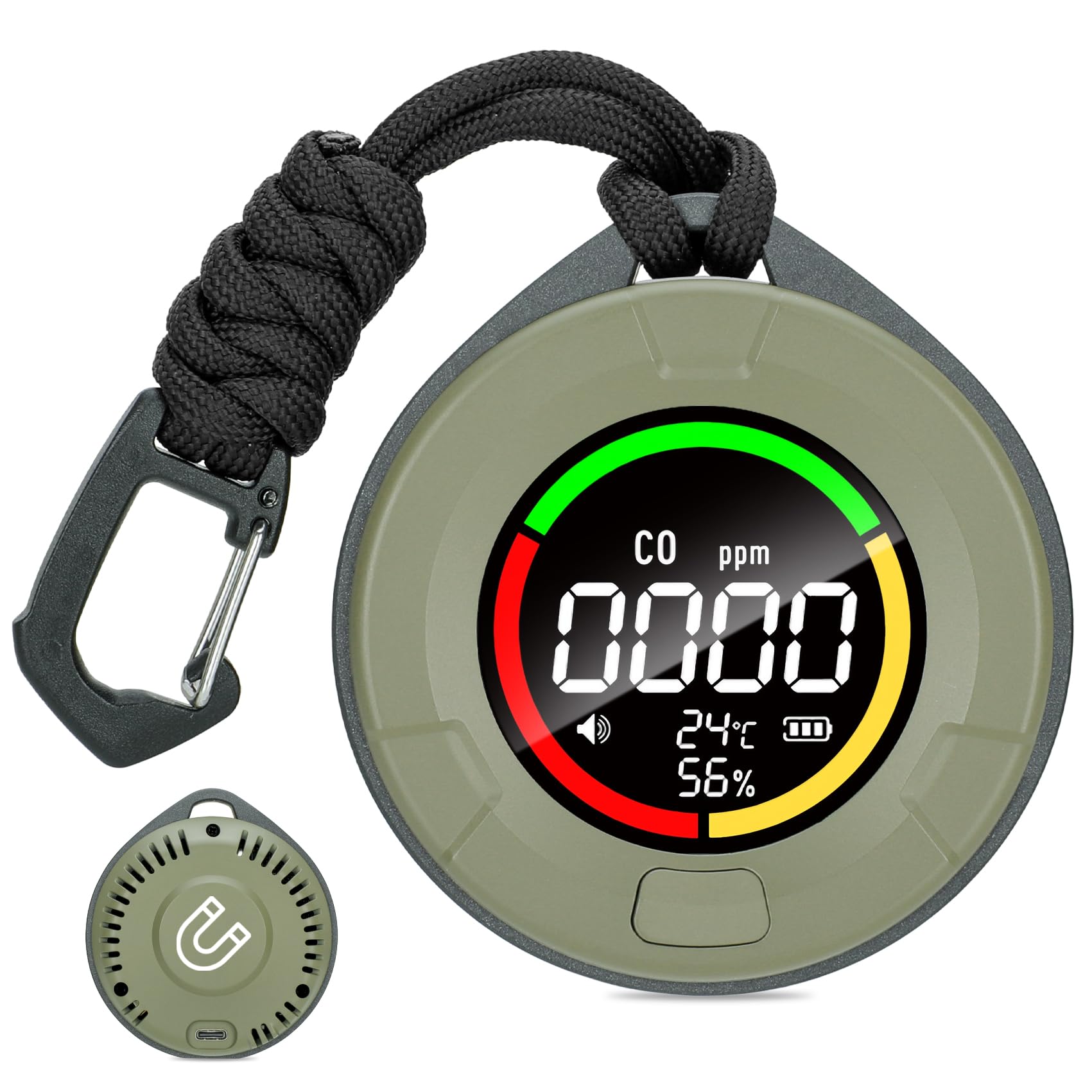 Lunarlipes CO detector front view shows portable 3-in-1 monitor for travel safety.