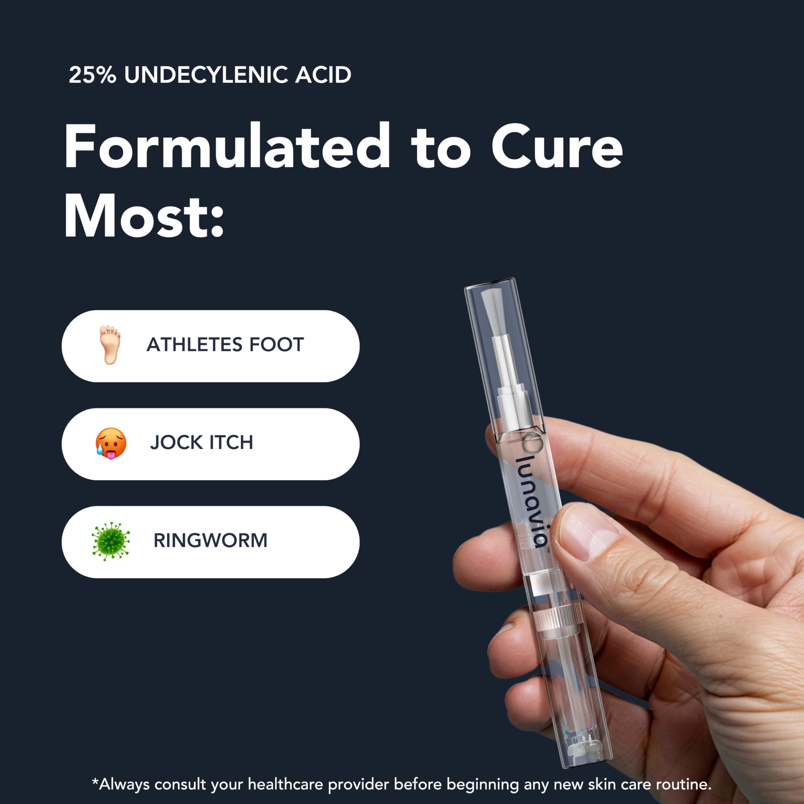 Lunavia maximum-strength 25 percent undecylenic acid label on product packaging.