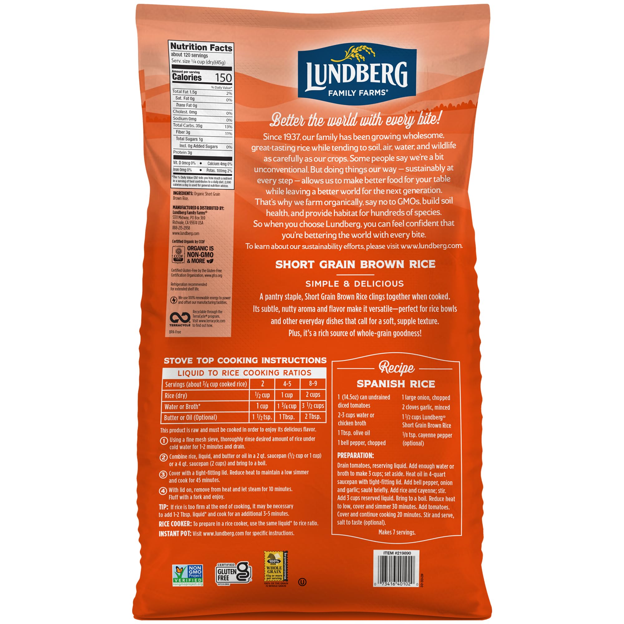 Lundberg brown rice plump cooked grains, ideal for bowls or puddings.