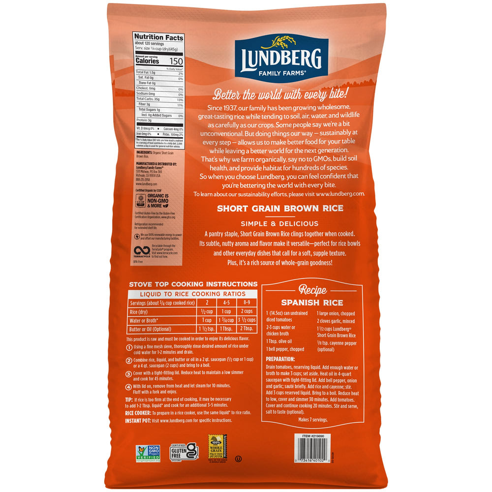Lundberg brown rice plump cooked grains, ideal for bowls or puddings.