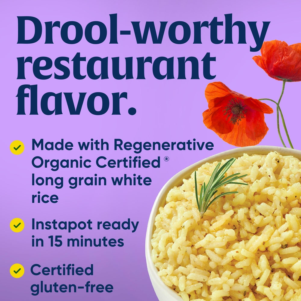 Lundberg chicken herb seasoned rice ingredient-list closeup highlights herbs and broth flavors for tasty meals.