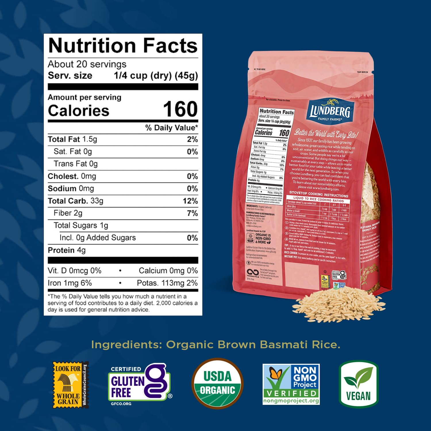 Lundberg Organic Basmati Brown Rice long-grain image showing separated fluffy grains