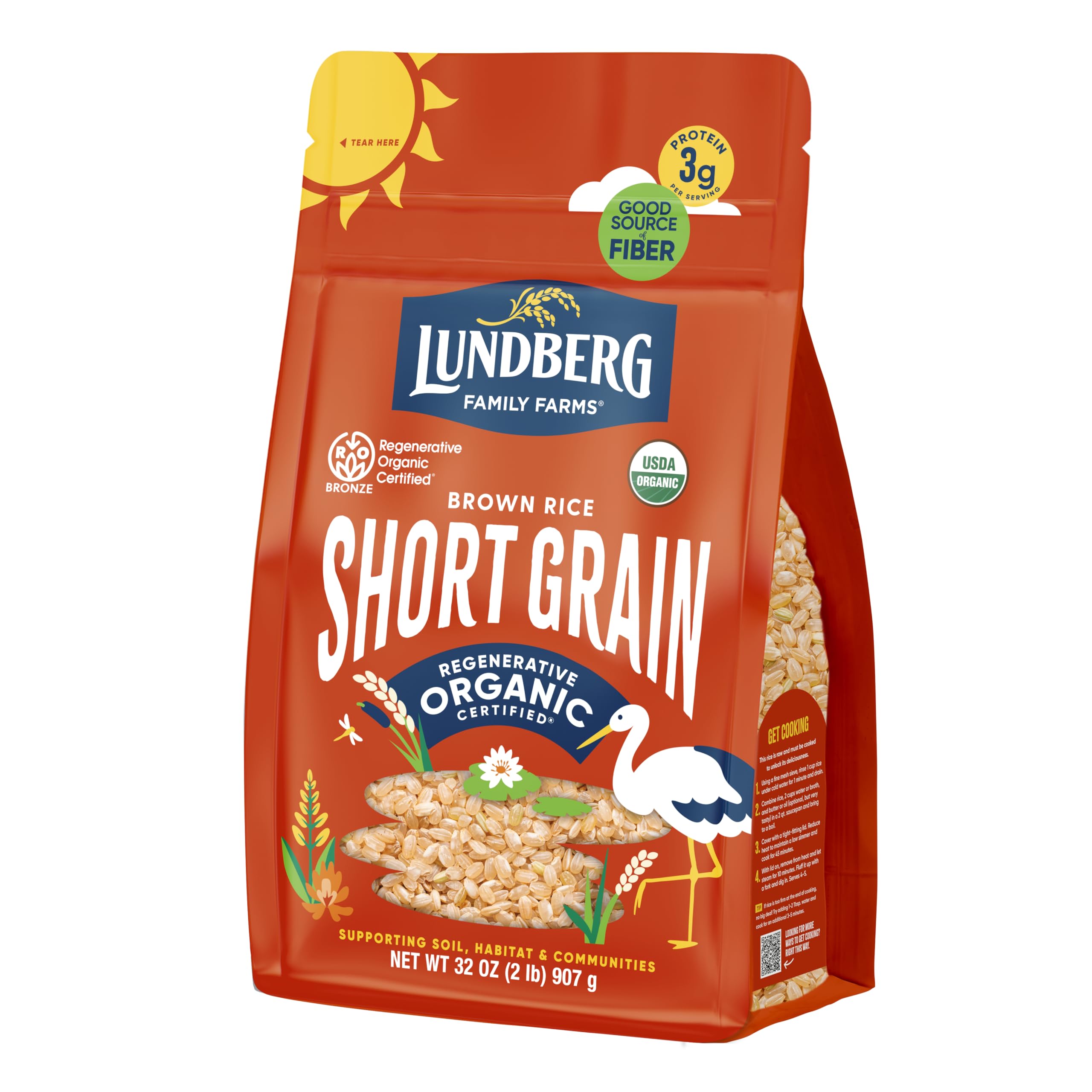 Lundberg Organic Brown Short Grain Rice packaging with organic certification and whole-grain nutrition