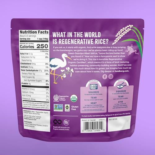 Close-up of Lundberg Jasmine Rice label highlighting organic and ethical badges.