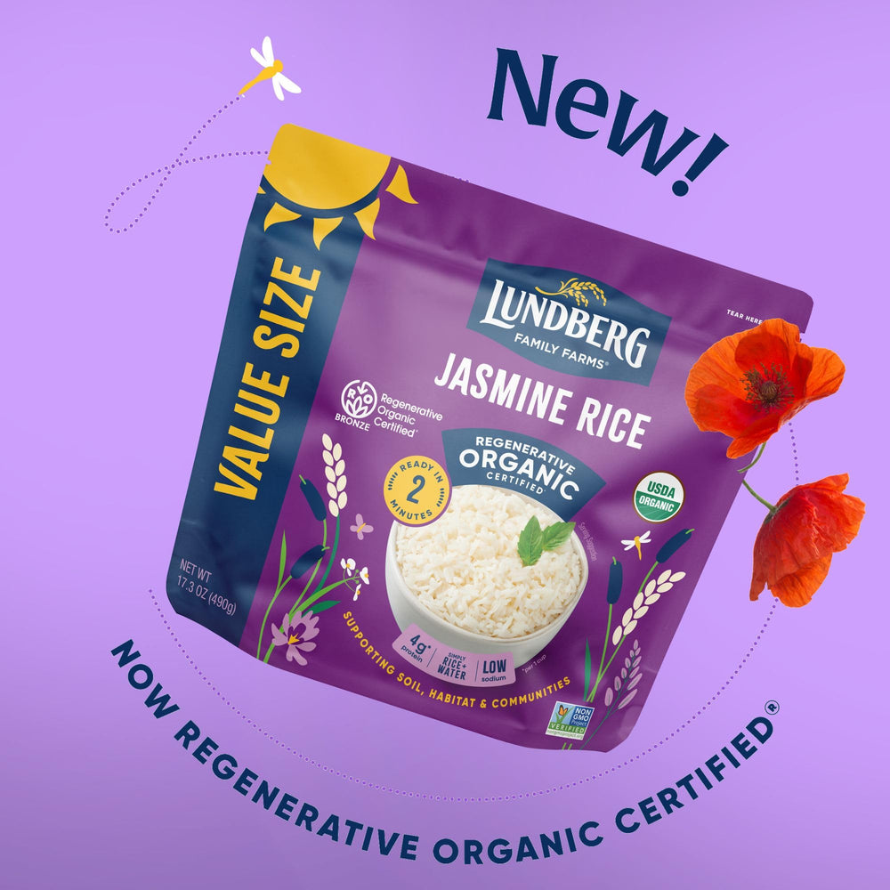 Thai curry plated with Lundberg Regenerative Jasmine Rice for a fragrant pairing.