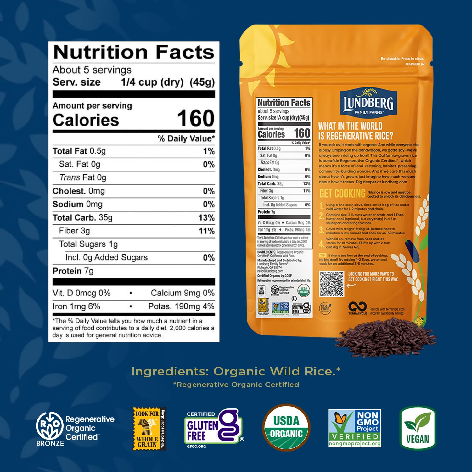 Lundberg regenerative organic certified wild rice close-up, premium whole grain.