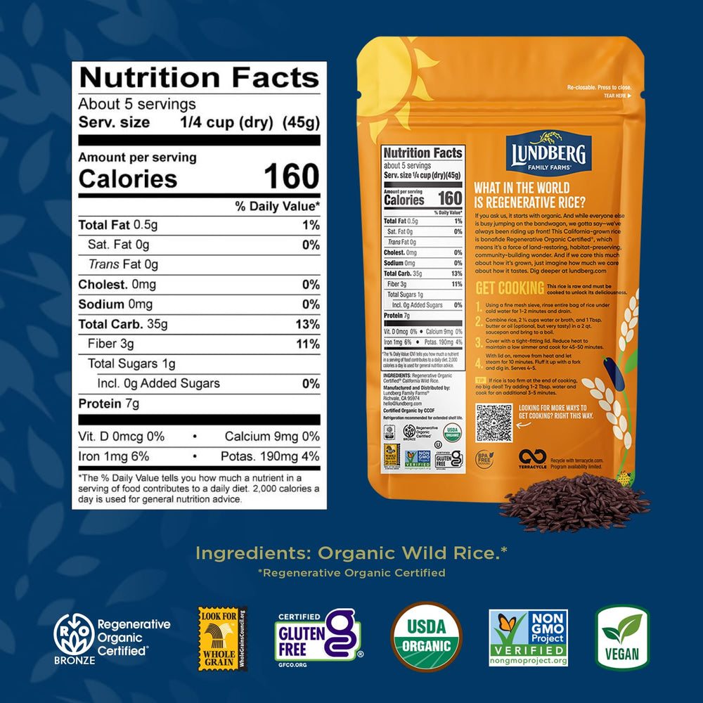 Lundberg regenerative organic certified wild rice close-up, premium whole grain.