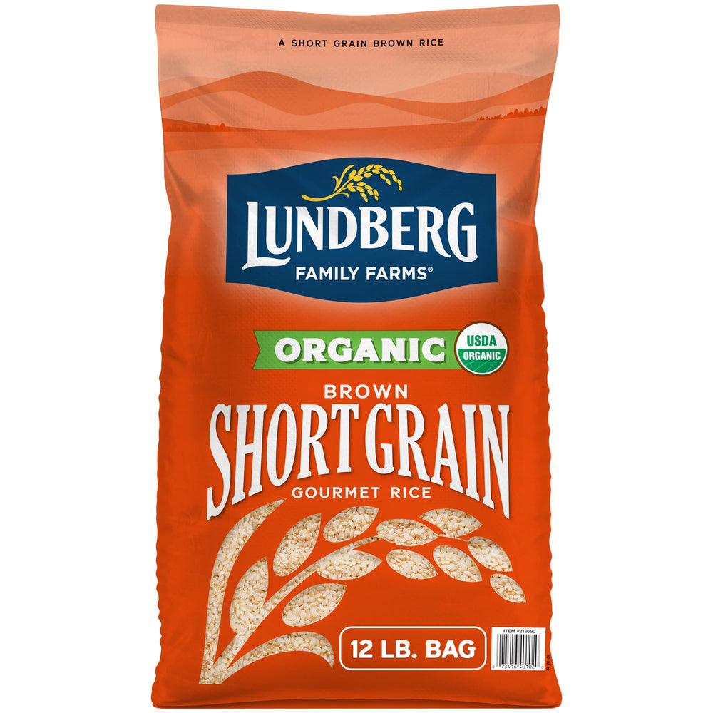Lundberg short-grain brown rice bulk bag, pantry staple for versatile meals.