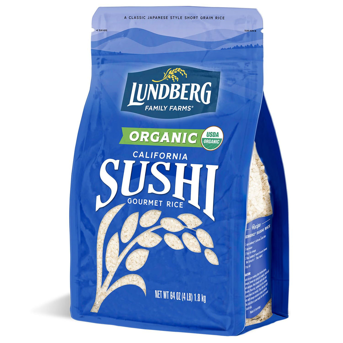 Lundberg Sushi Rice 64oz bag close-up showing premium short-grain texture for sushi and nigiri.