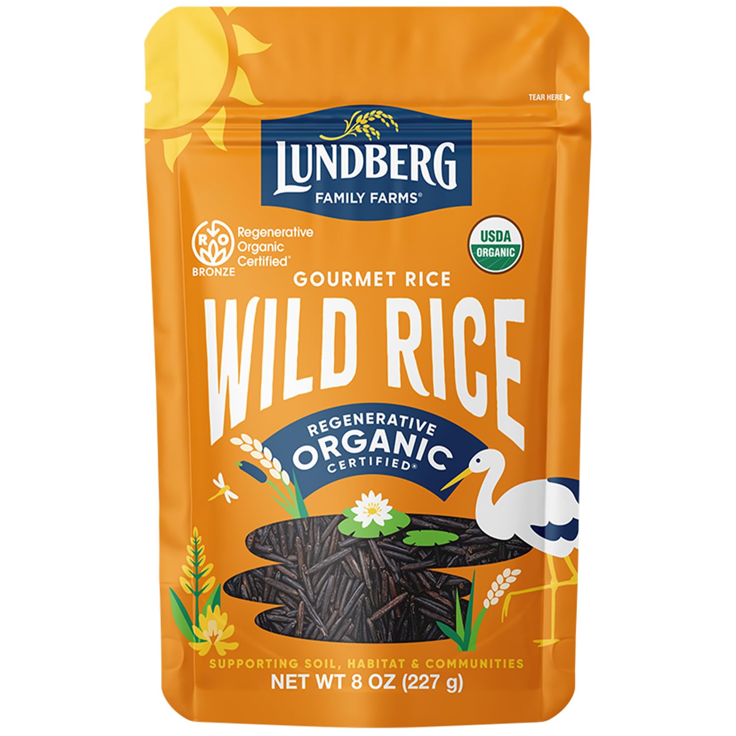 Lundberg Wild Rice California 8 oz bag highlights sustainability and quality.