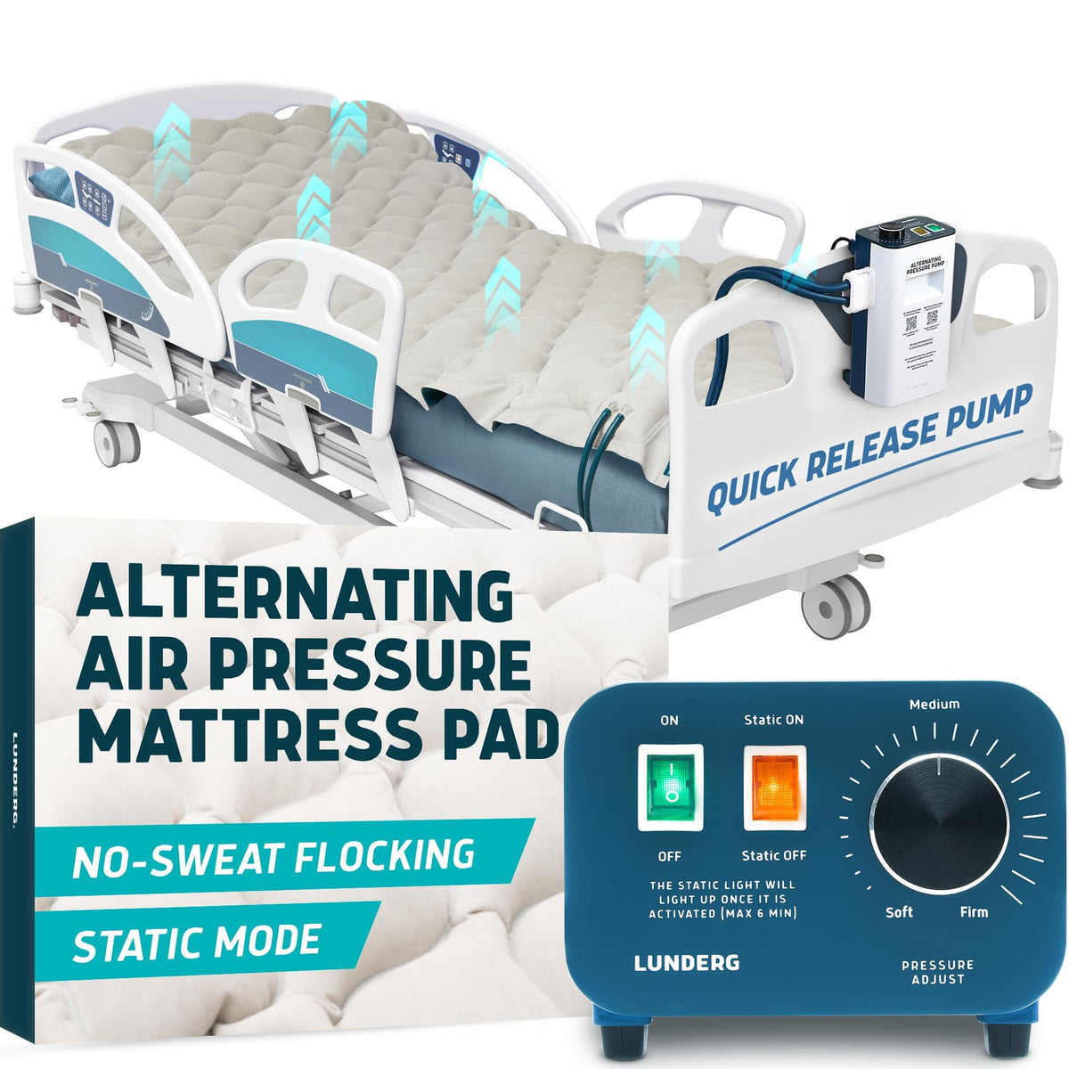 Lunderg alternating air mattress pad shown on a bed for bedridden comfort