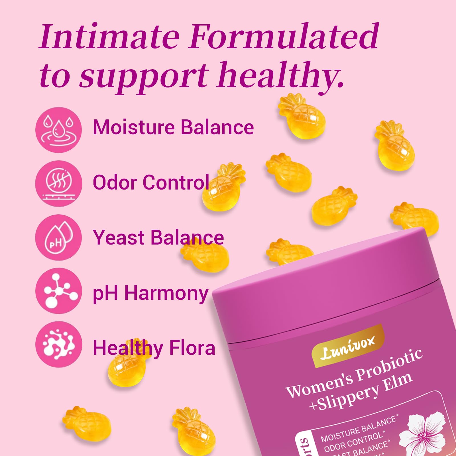 Lunivox Her Juicy packaging front shows vegan, gluten-free formulation for daily wellness.
