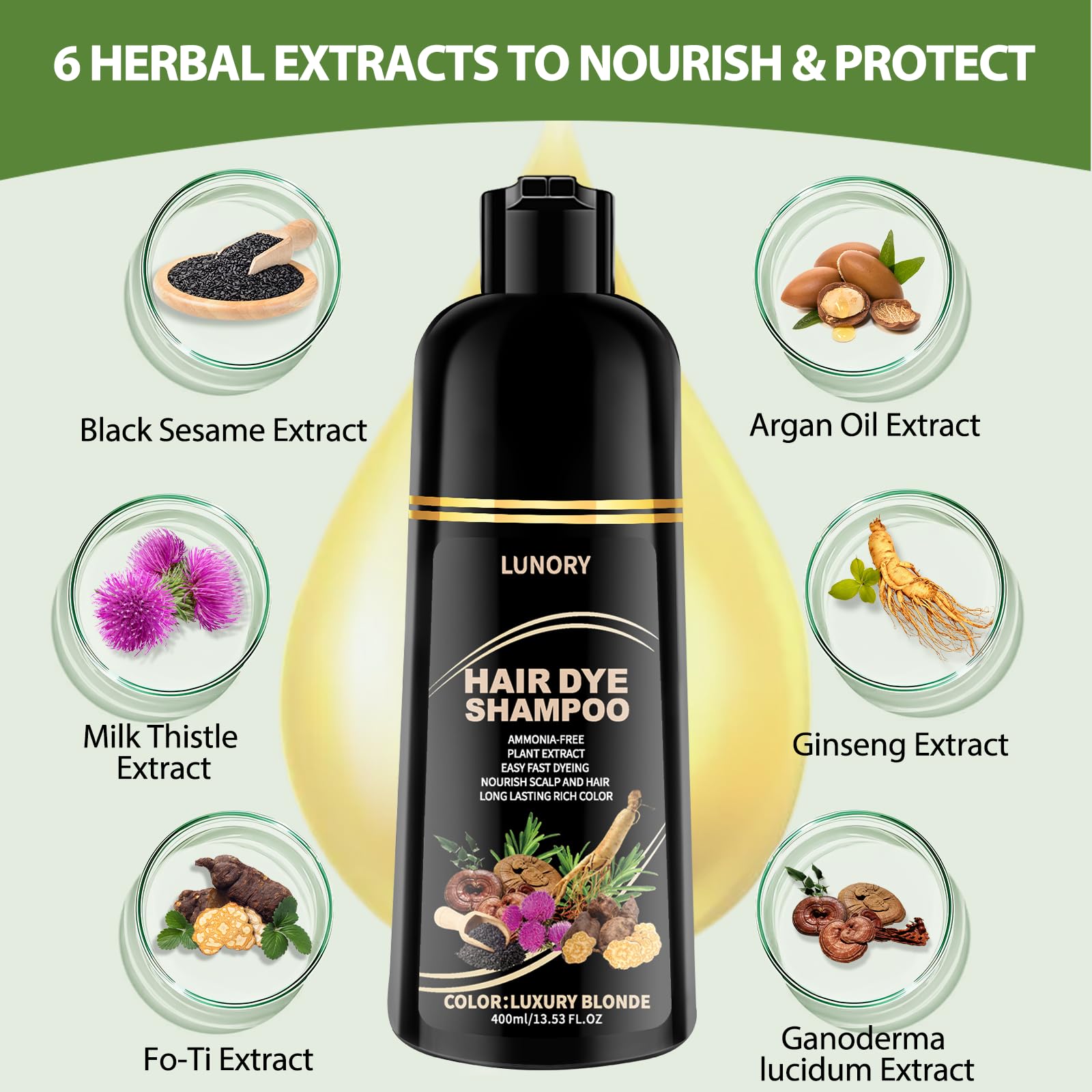 Lunory hair color shampoo being applied to dry hair for quick color.