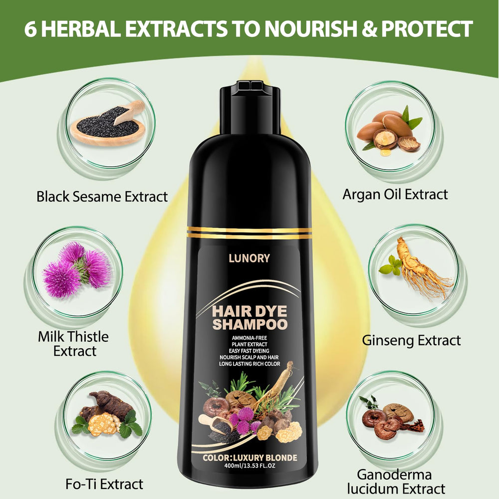 Lunory hair color shampoo being applied to dry hair for quick color.