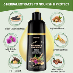 Lunory hair color shampoo being applied to dry hair for quick color.