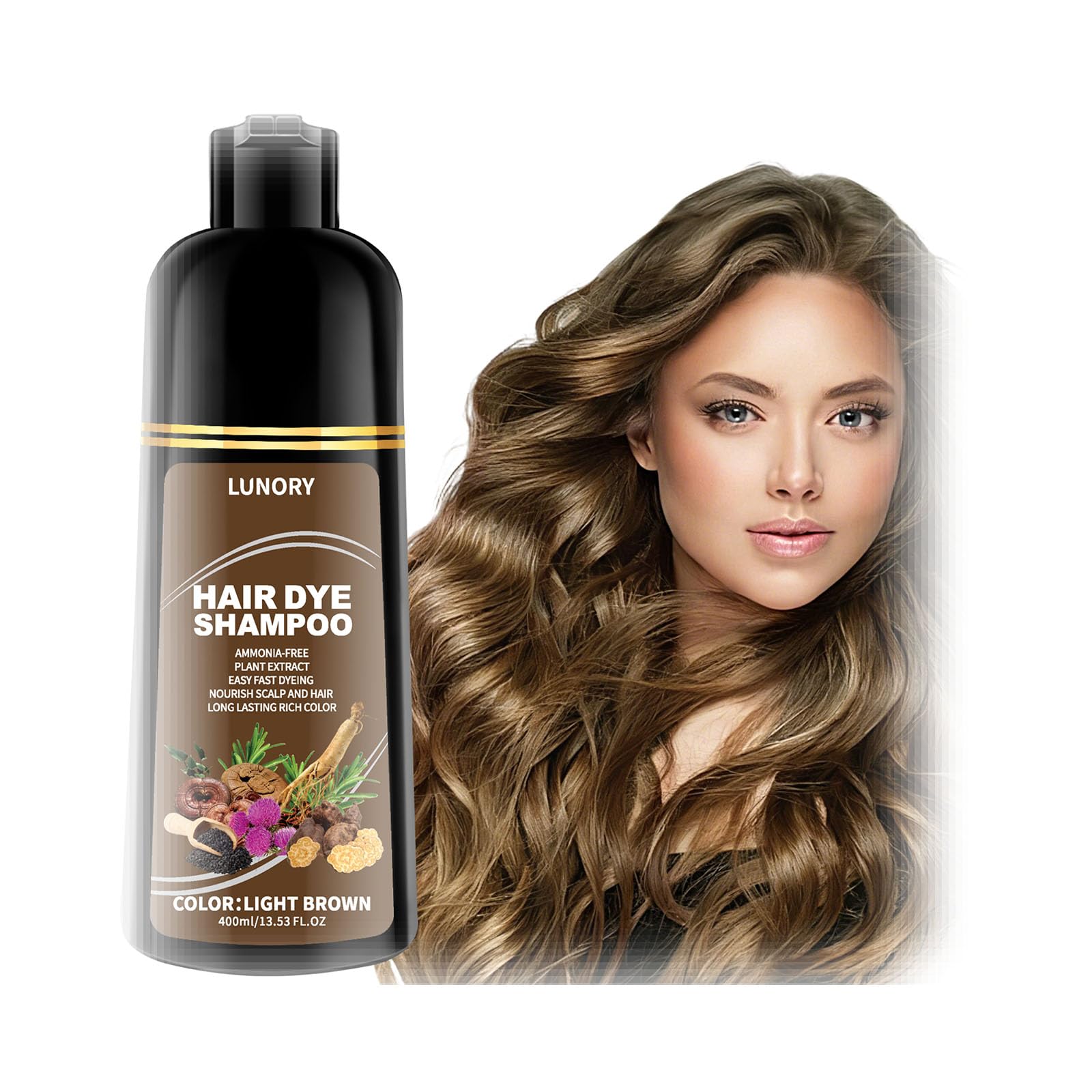 Lunory light brown hair dye shampoo bottle highlighting at-home gray coverage.