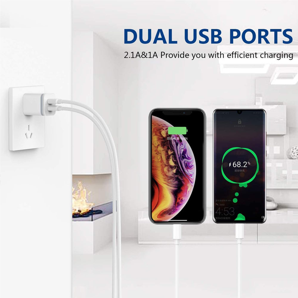 LUOATIP USB wall charger with dual ports lets you charge two devices at once.