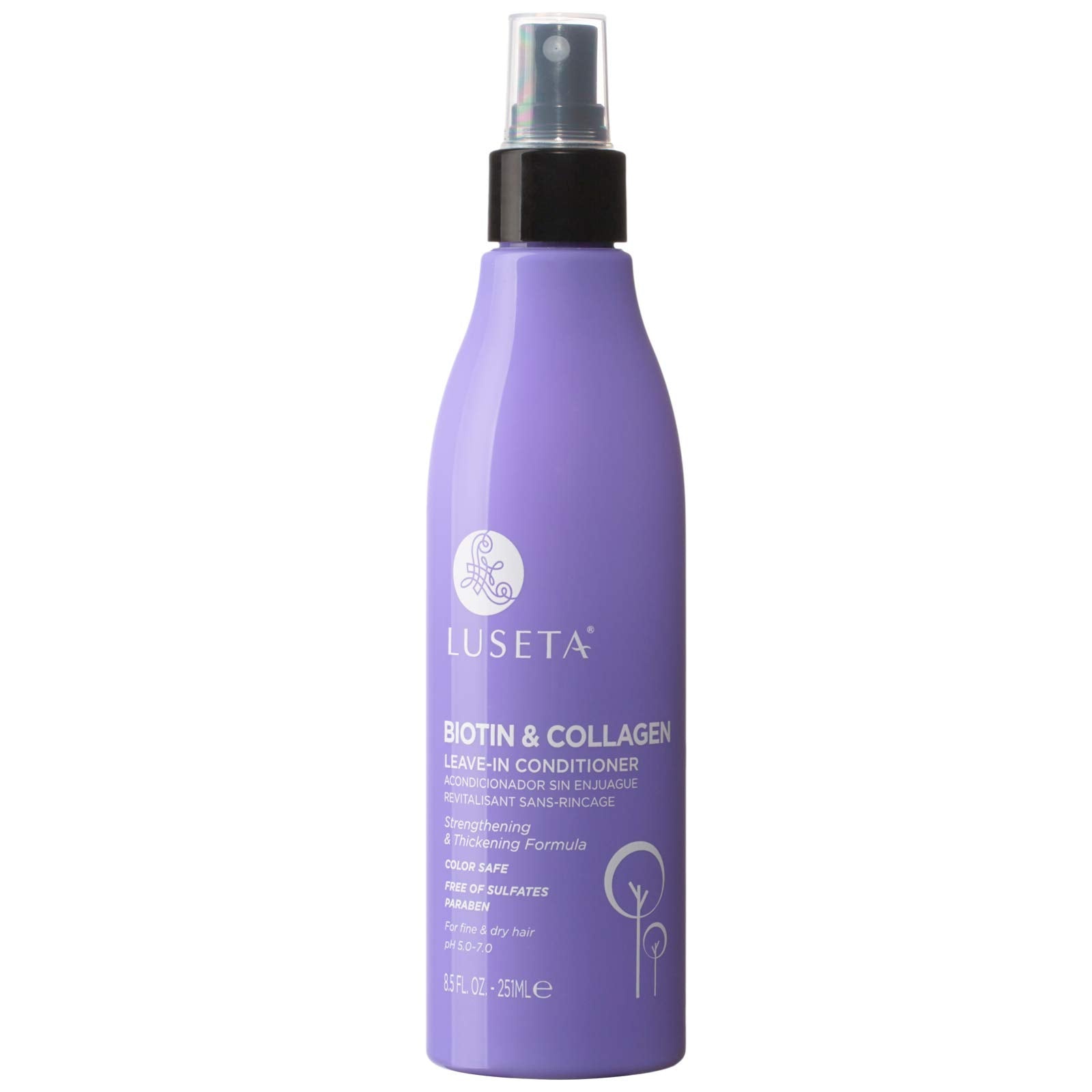 Luseta Biotin Leave-In Conditioner bottle showing hydration and frizz control for dry hair.