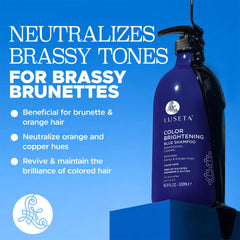 Brunette hair showing reduced brassiness after Luseta blue shampoo.