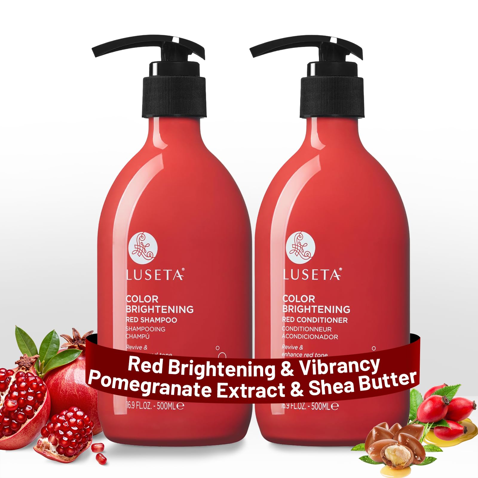 Luseta red shampoo bottle front showing copper tones and color care.