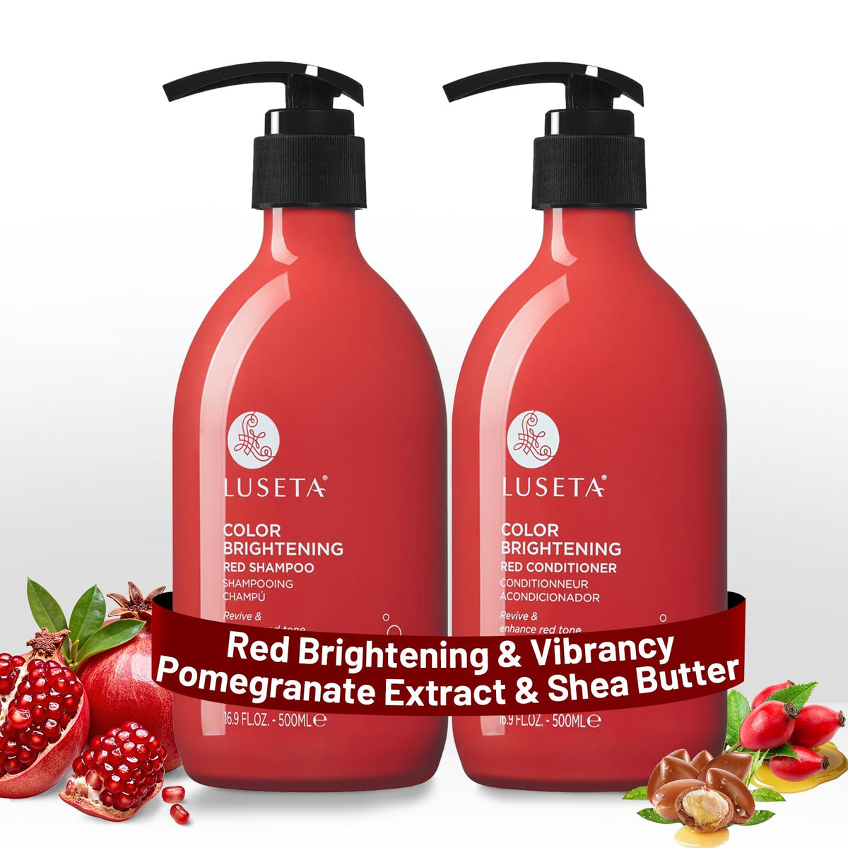 Luseta red shampoo bottle front showing copper tones and color care.