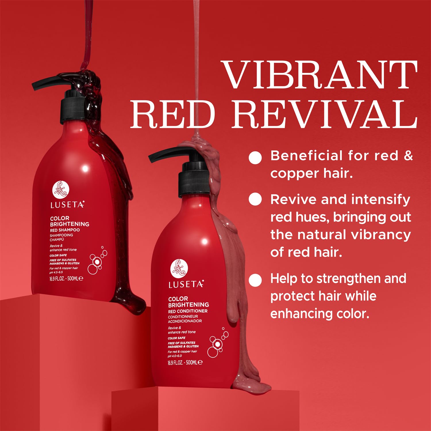 Luseta red shampoo and conditioner duo pack displayed for color revival.