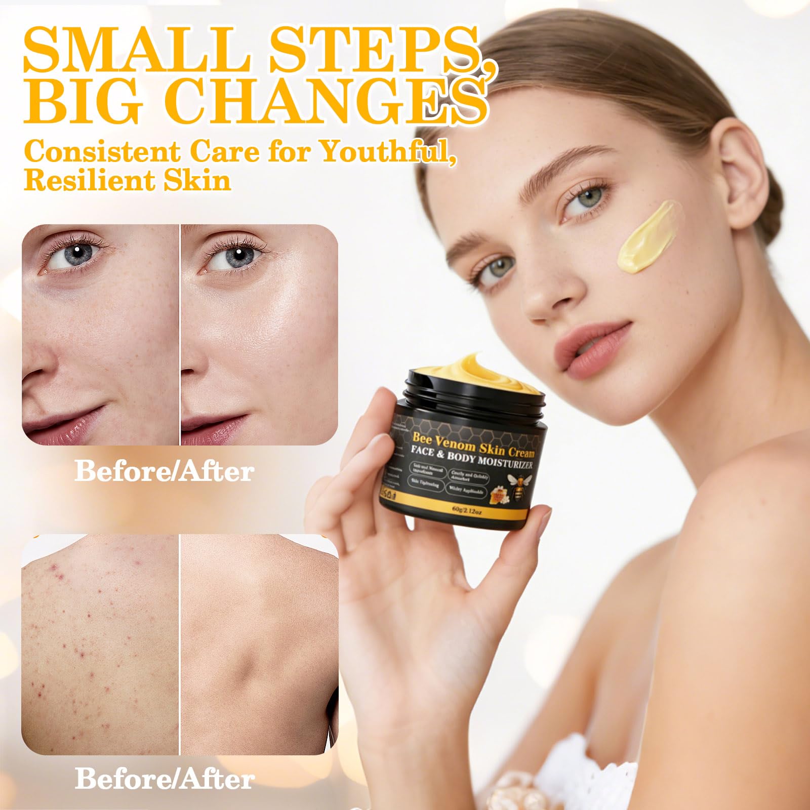 Lustrchron Bee Venom Skin Cream applied to knees for smoother skin.