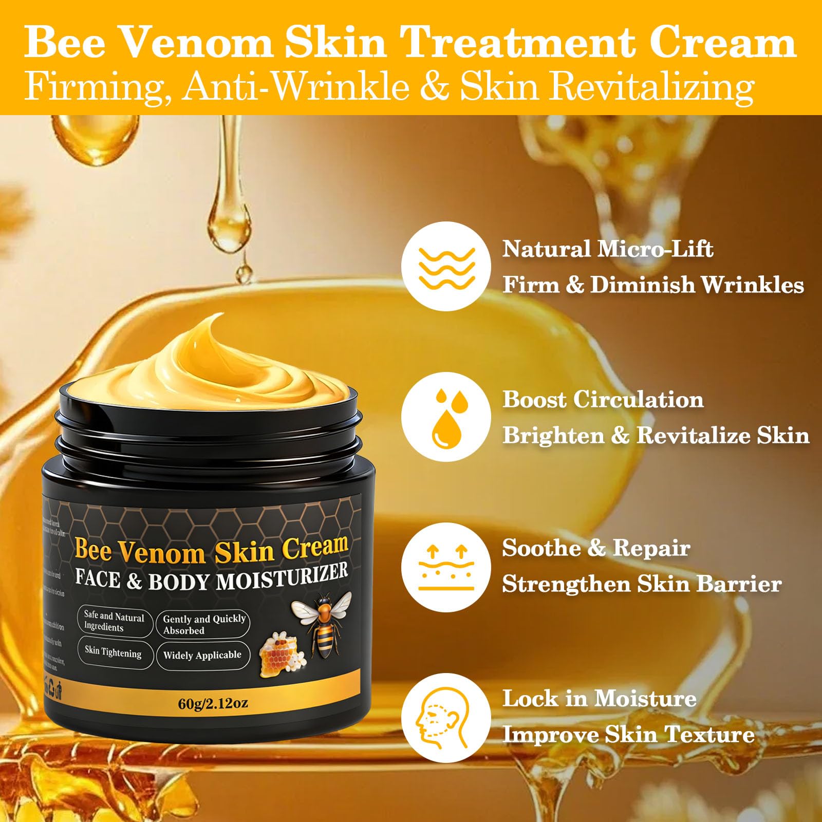 Lustrchron Bee Venom Skin Cream for the neck highlights lifted, toned appearance.