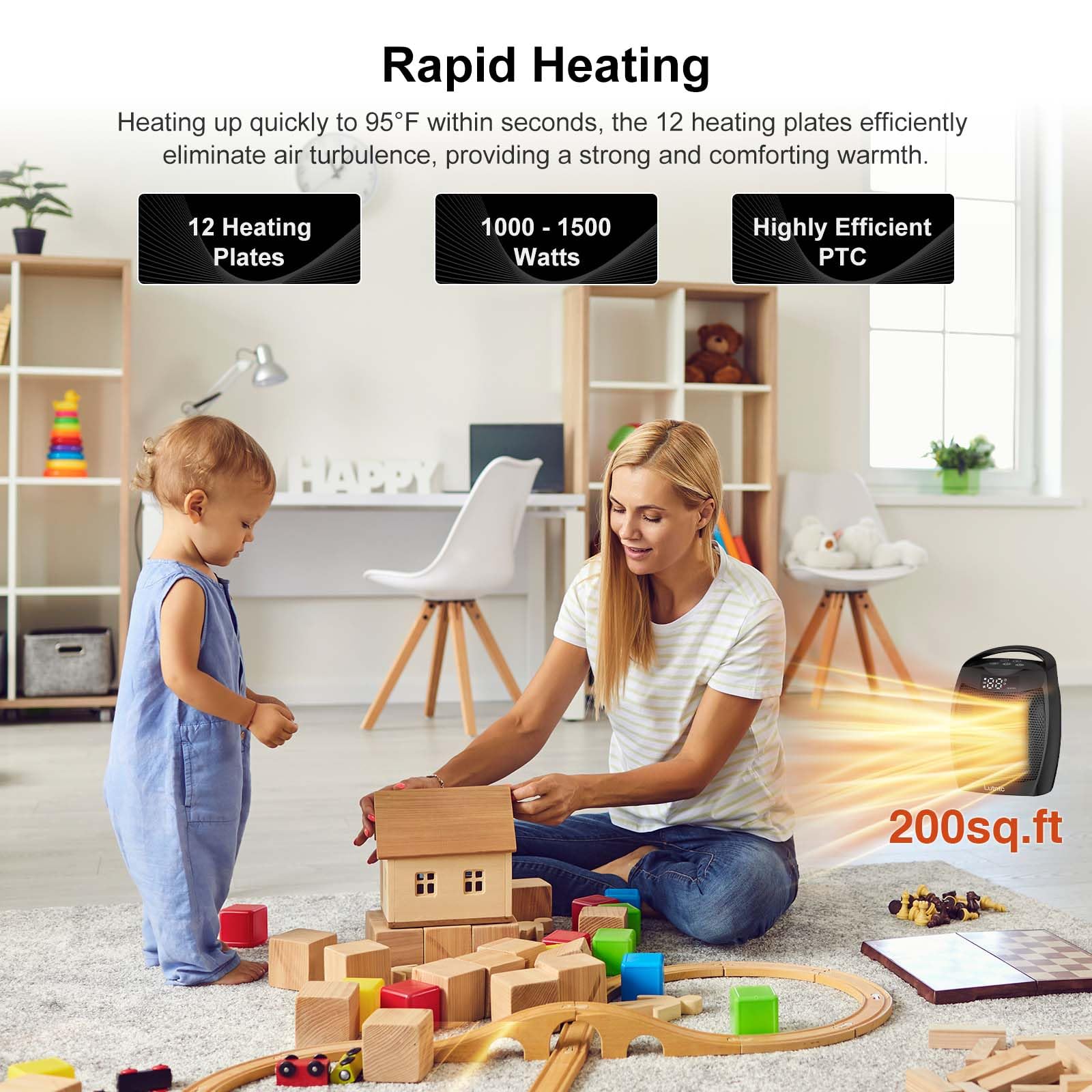 Lutntc 1500W heater features overheat and tip-over safety for peace of mind
