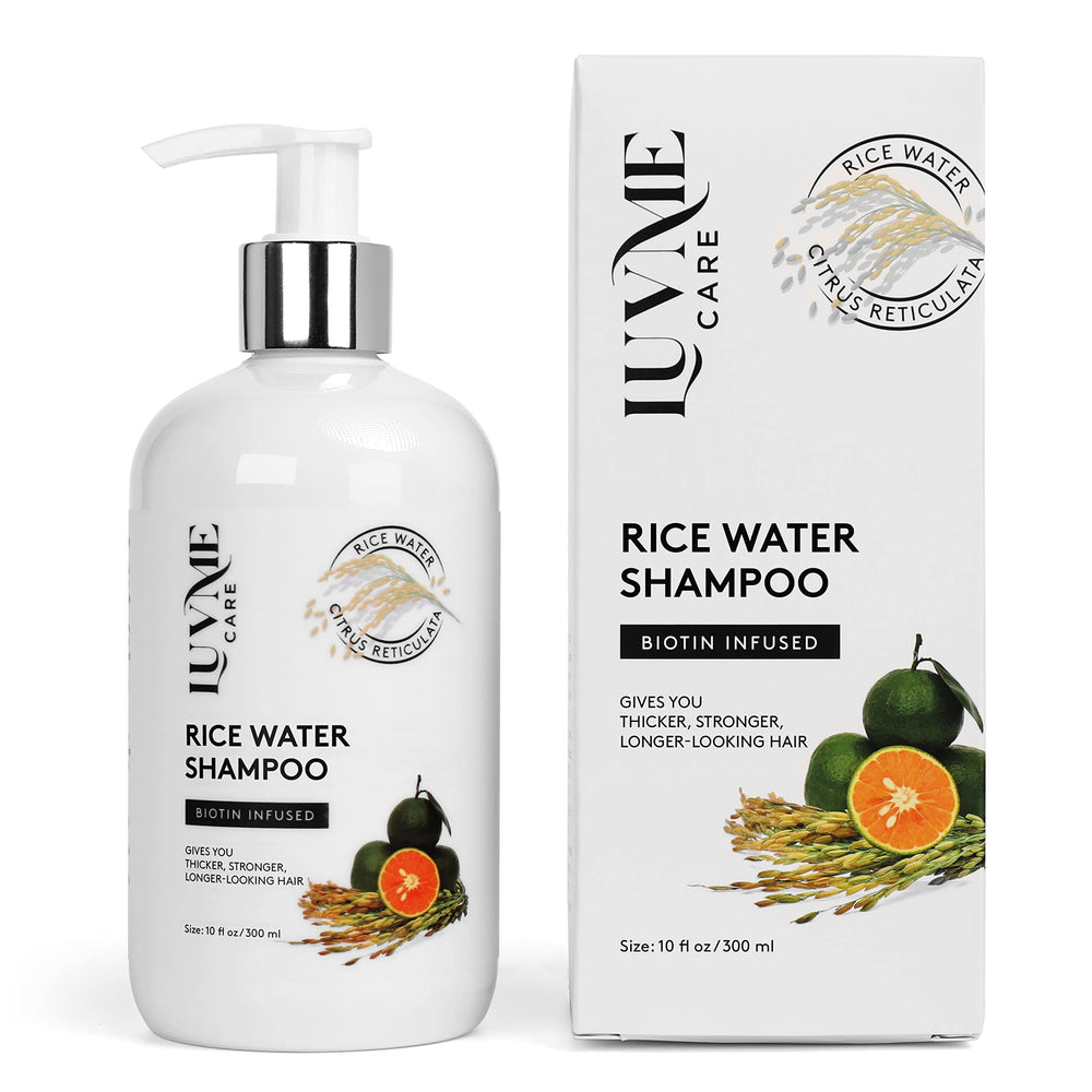 Luv Me Care Rice Water Shampoo bottle illustrates volumizing formula for thicker-looking hair