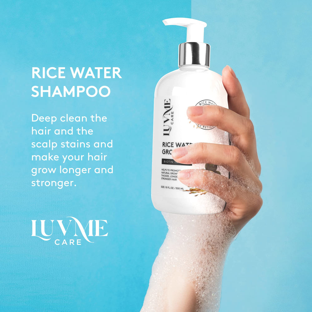 Luv Me Care Rice Water Shampoo label highlights premium ingredients like biotin and caffeine