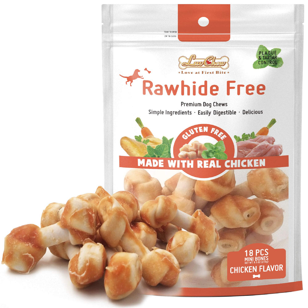 LuvChew premium dog bones with real chicken shown in a mini pack for tasty chewing sessions.